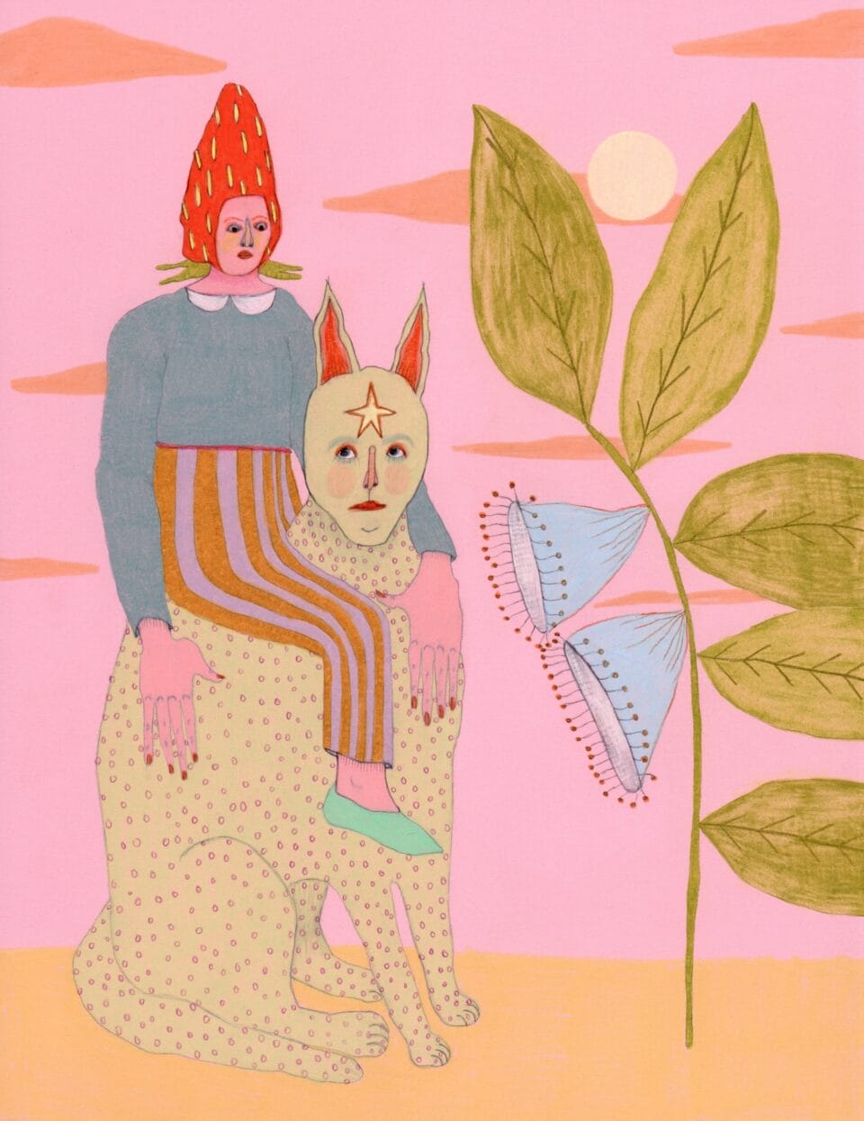 a figure with a strawberry hat rests on a cat-human hybrid